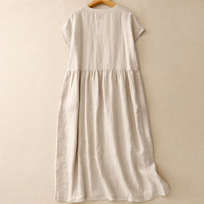 Buddha Stones Casual Artystyczny Jednolity Kolor Prosty Design Wysoki Stan Krótki Rękaw Bawełna Lniana Sukienka Midi Z Kieszeniami - image 1