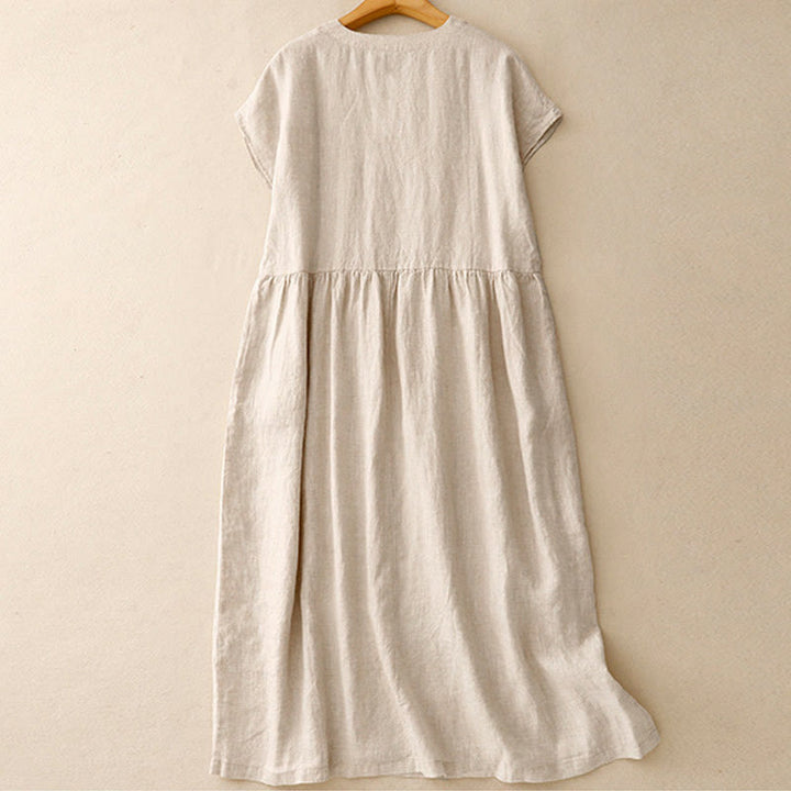Buddha Stones Casual Artystyczny Jednolity Kolor Prosty Design Wysoki Stan Krótki Rękaw Bawełna Lniana Sukienka Midi Z Kieszeniami - image 1