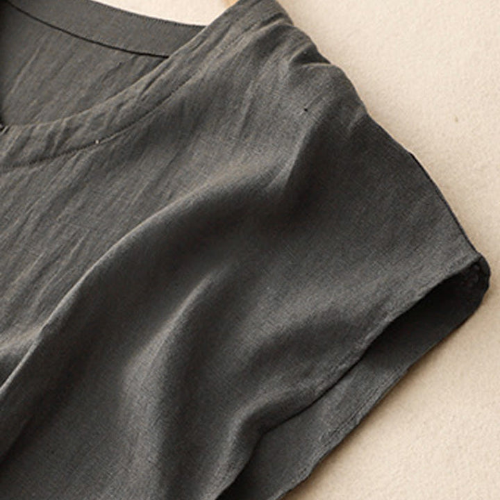 Buddha Stones Casual Artystyczny Jednolity Kolor Prosty Design Wysoki Stan Krótki Rękaw Bawełna Lniana Sukienka Midi Z Kieszeniami - image 10