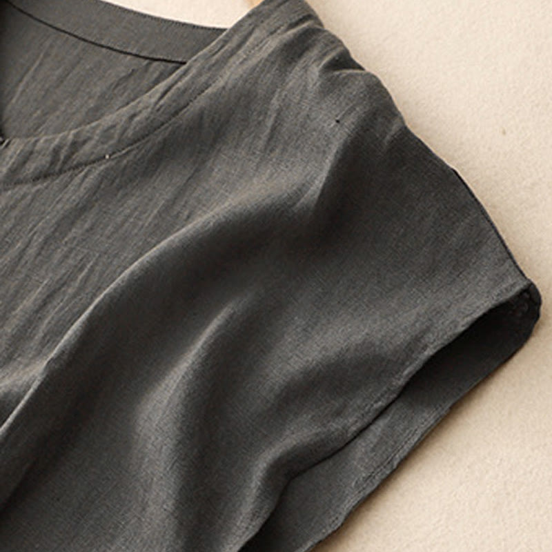 Buddha Stones Casual Artystyczny Jednolity Kolor Prosty Design Wysoki Stan Krótki Rękaw Bawełna Lniana Sukienka Midi Z Kieszeniami - image 11