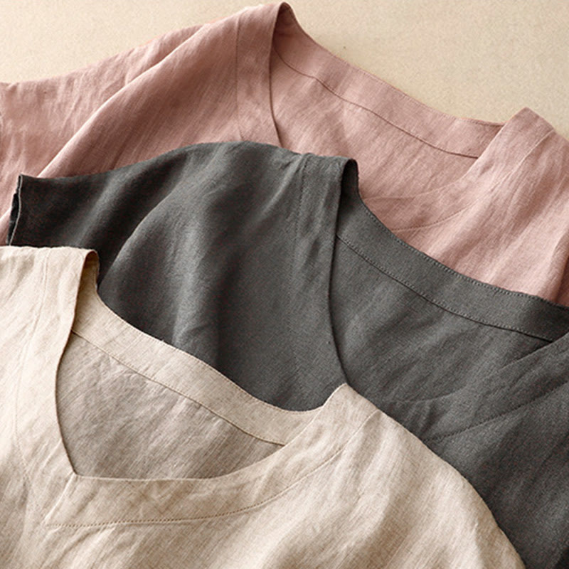 Buddha Stones Casual Artystyczny Jednolity Kolor Prosty Design Wysoki Stan Krótki Rękaw Bawełna Lniana Sukienka Midi Z Kieszeniami - image 21