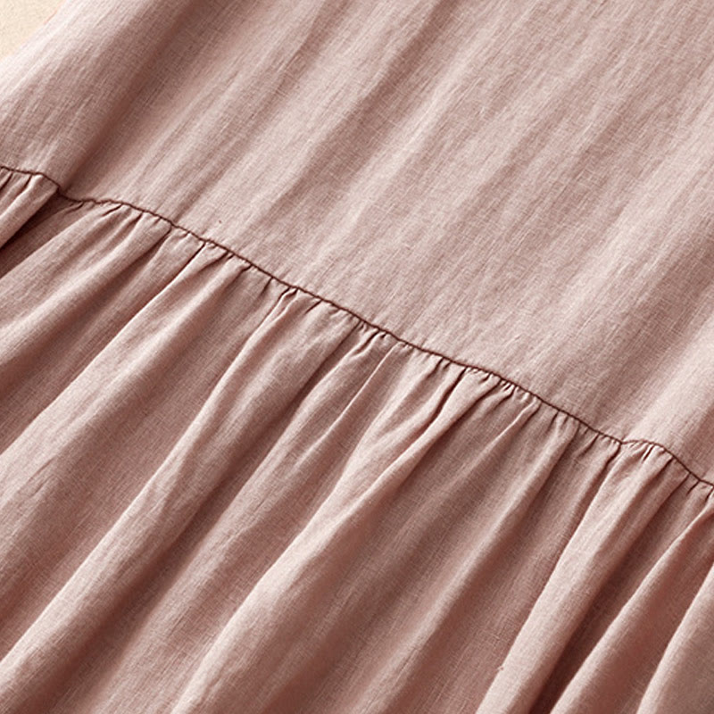 Buddha Stones Casual Artystyczny Jednolity Kolor Prosty Design Wysoki Stan Krótki Rękaw Bawełna Lniana Sukienka Midi Z Kieszeniami - image 17