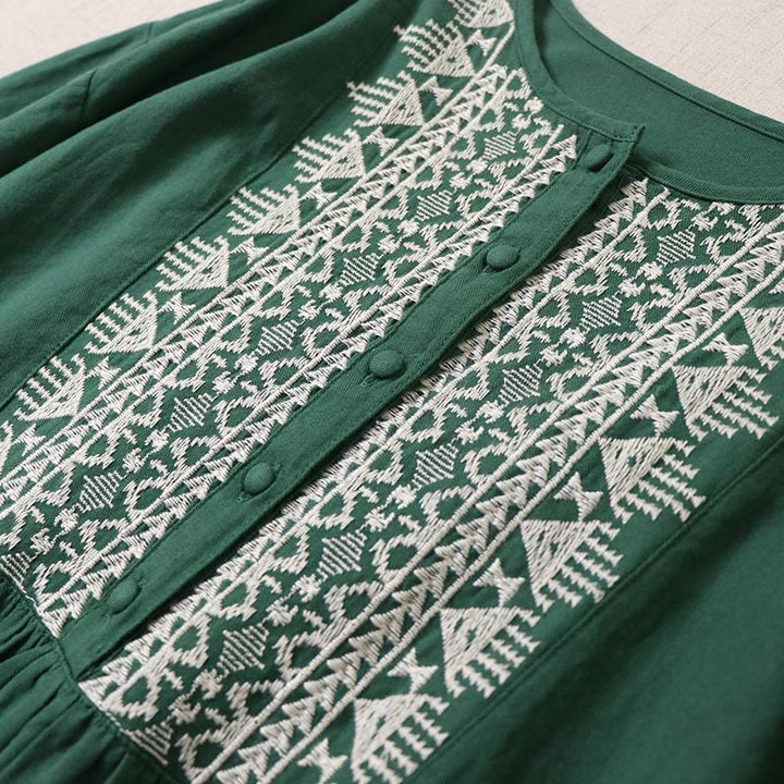 Buddha Stones Casual Artystyczny Geometryczny Haft Guziki Przód Długa Latarnia Rękaw Bawełna Len Midi Sukienka - image 2