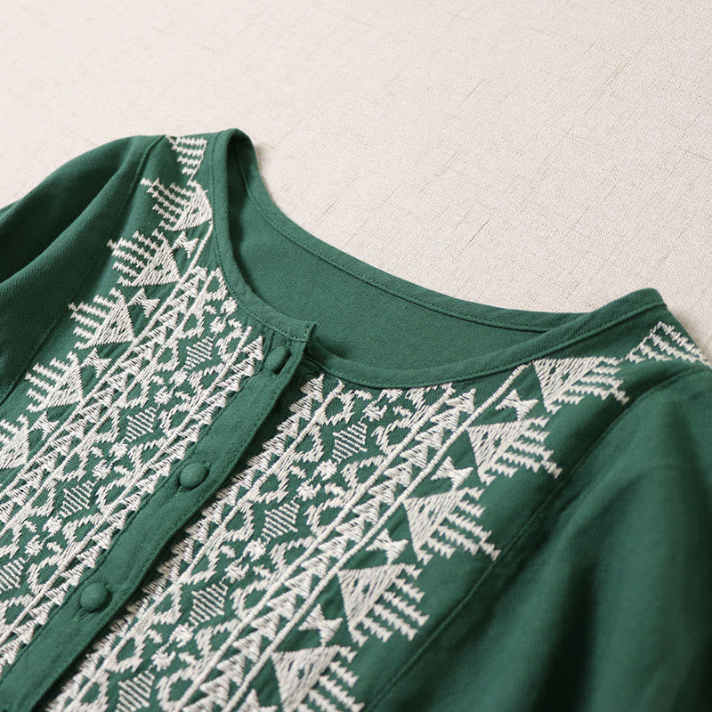 Buddha Stones Casual Artystyczny Geometryczny Haft Guziki Przód Długa Latarnia Rękaw Bawełna Len Midi Sukienka - image 3