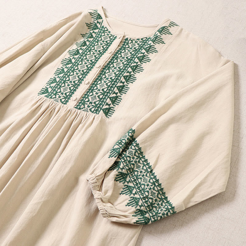 Buddha Stones Casual Artystyczny Geometryczny Haft Guziki Przód Długa Latarnia Rękaw Bawełna Len Midi Sukienka - image 10