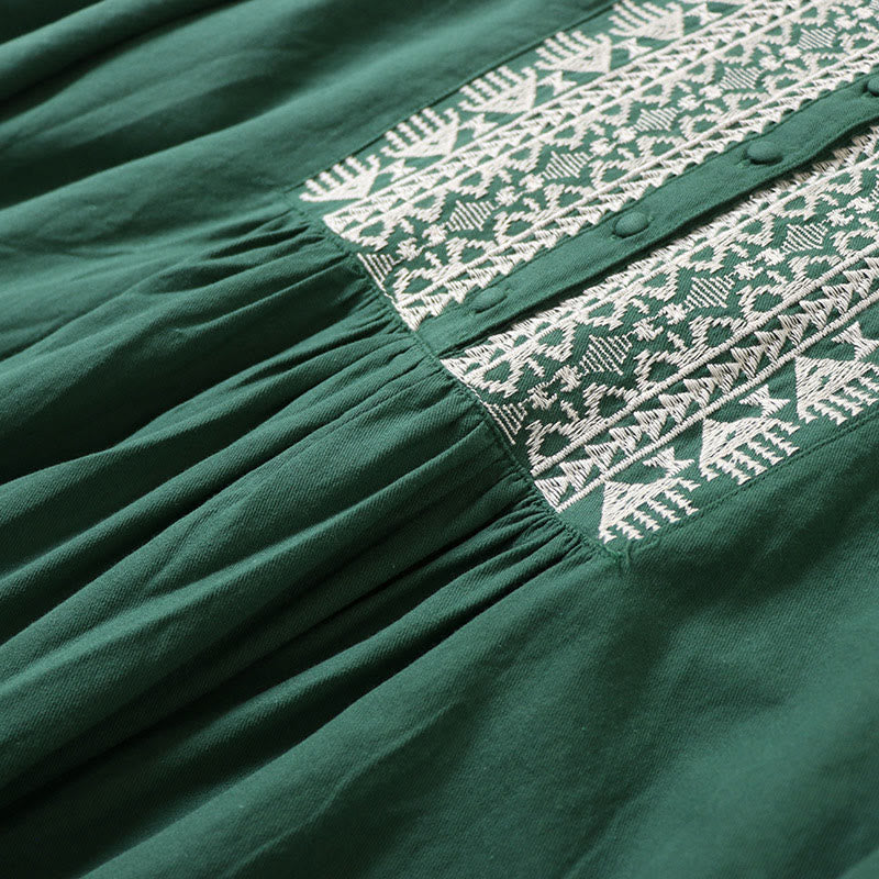 Buddha Stones Casual Artystyczny Geometryczny Haft Guziki Przód Długa Latarnia Rękaw Bawełna Len Midi Sukienka - image 4