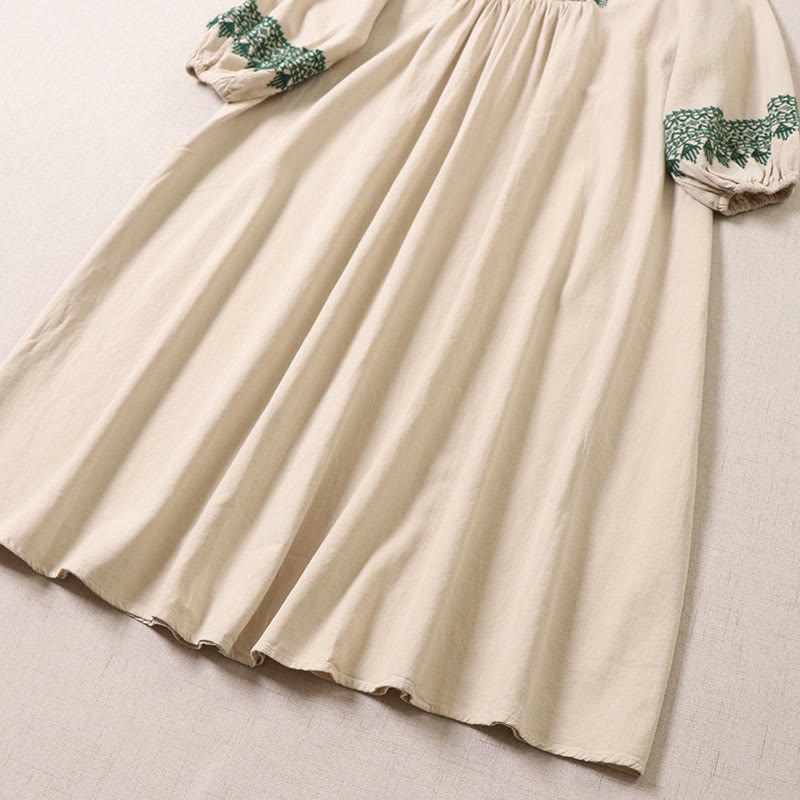 Buddha Stones Casual Artystyczny Geometryczny Haft Guziki Przód Długa Latarnia Rękaw Bawełna Len Midi Sukienka - image 13