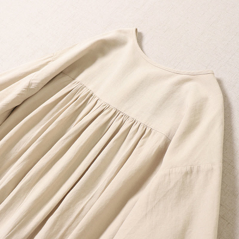 Buddha Stones Casual Artystyczny Geometryczny Haft Guziki Przód Długa Latarnia Rękaw Bawełna Len Midi Sukienka - image 12