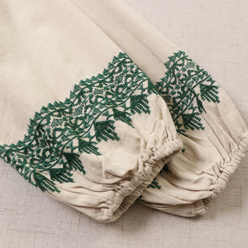 Buddha Stones Casual Artystyczny Geometryczny Haft Guziki Przód Długa Latarnia Rękaw Bawełna Len Midi Sukienka - image 17