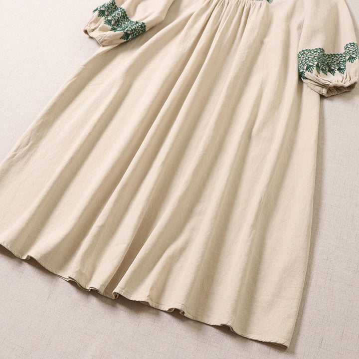 Buddha Stones Casual Artystyczny Geometryczny Haft Guziki Przód Długa Latarnia Rękaw Bawełna Len Midi Sukienka - image 13