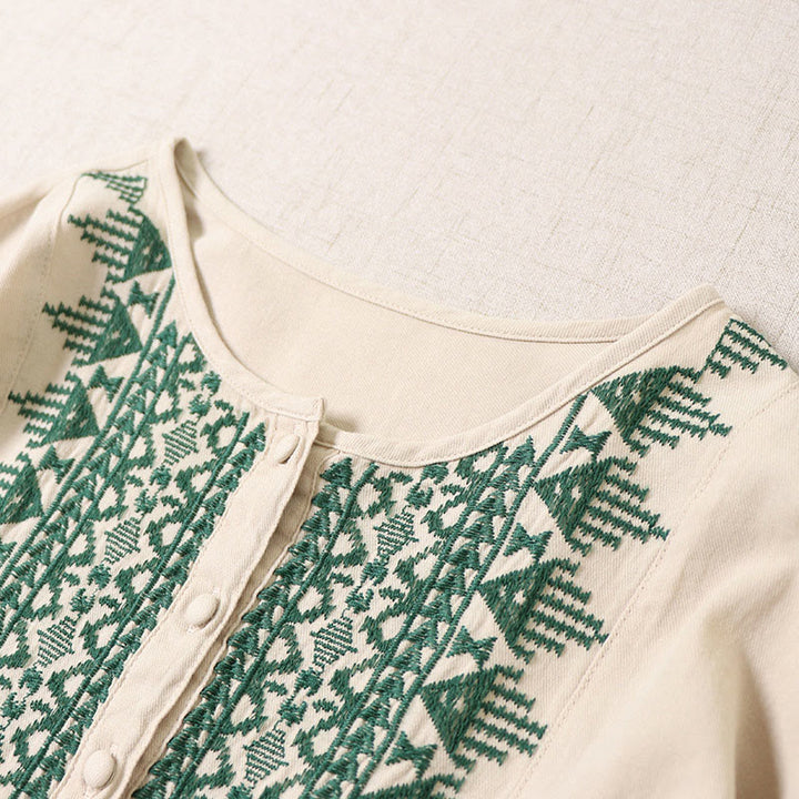 Buddha Stones Casual Artystyczny Geometryczny Haft Guziki Przód Długa Latarnia Rękaw Bawełna Len Midi Sukienka - image 14