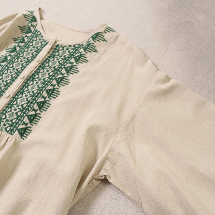 Buddha Stones Casual Artystyczny Geometryczny Haft Guziki Przód Długa Latarnia Rękaw Bawełna Len Midi Sukienka - image 11