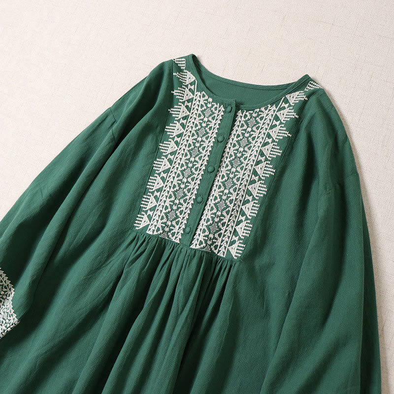 Buddha Stones Casual Artystyczny Geometryczny Haft Guziki Przód Długa Latarnia Rękaw Bawełna Len Midi Sukienka - image 1