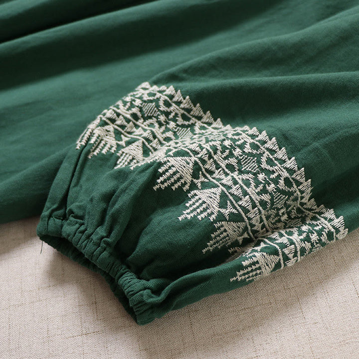 Buddha Stones Casual Artystyczny Geometryczny Haft Guziki Przód Długa Latarnia Rękaw Bawełna Len Midi Sukienka - image 5