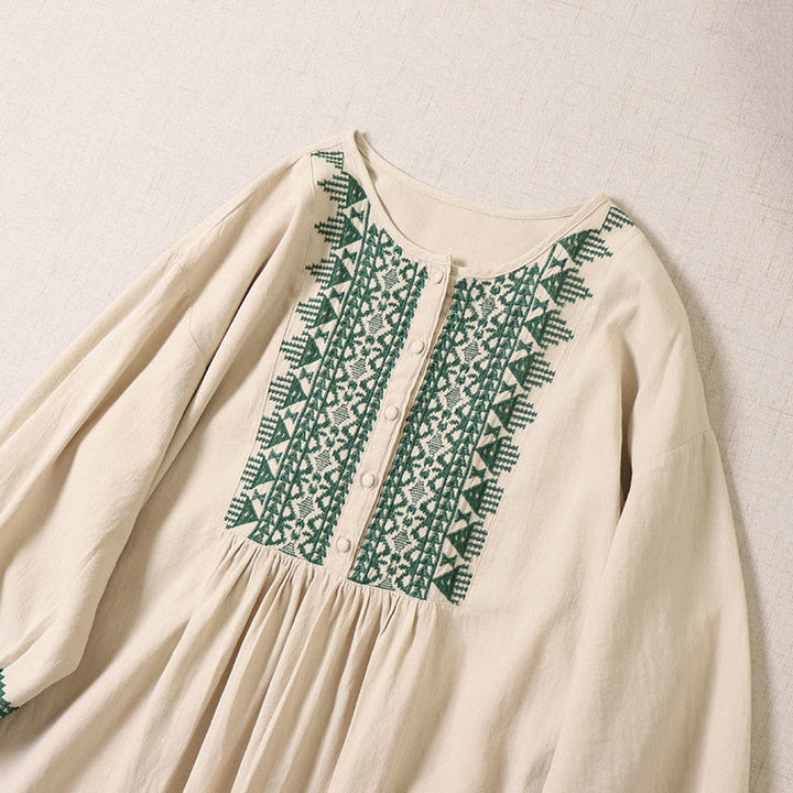 Buddha Stones Casual Artystyczny Geometryczny Haft Guziki Przód Długa Latarnia Rękaw Bawełna Len Midi Sukienka - image 9