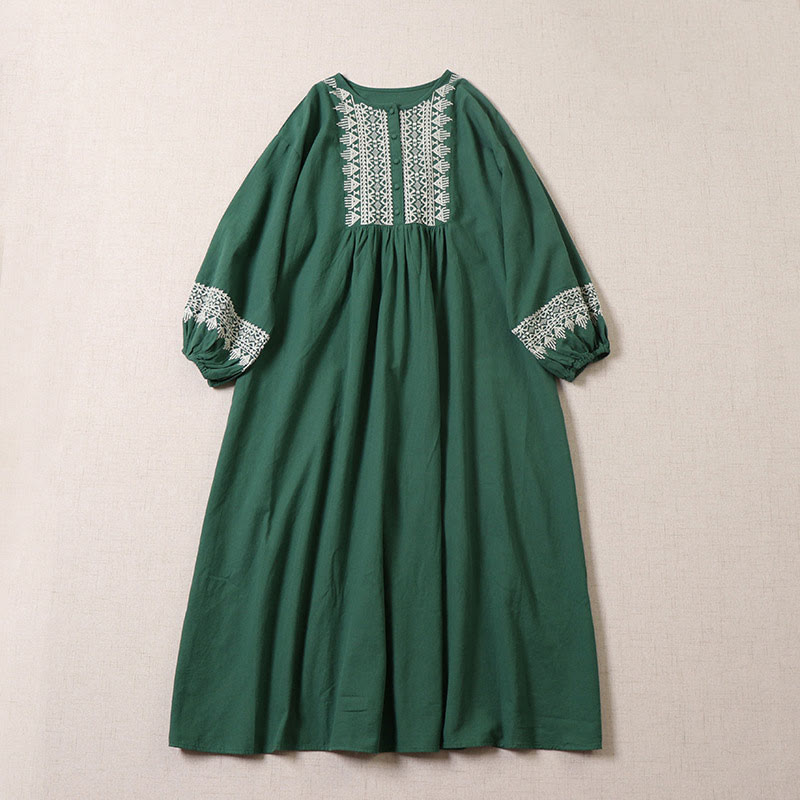 Sukienka midi z długimi rękawami typu latarnia z haftem geometrycznym i Buddha Stones , z guzikami z przodu - SeaGreen - US8-10，UK/AU12-14，EU40-42 (2XL) - image 0