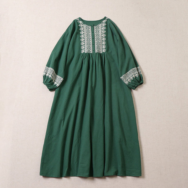Sukienka midi z długimi rękawami typu latarnia z haftem geometrycznym i Buddha Stones , z guzikami z przodu - SeaGreen - US8-10，UK/AU12-14，EU40-42 (2XL) - image 0