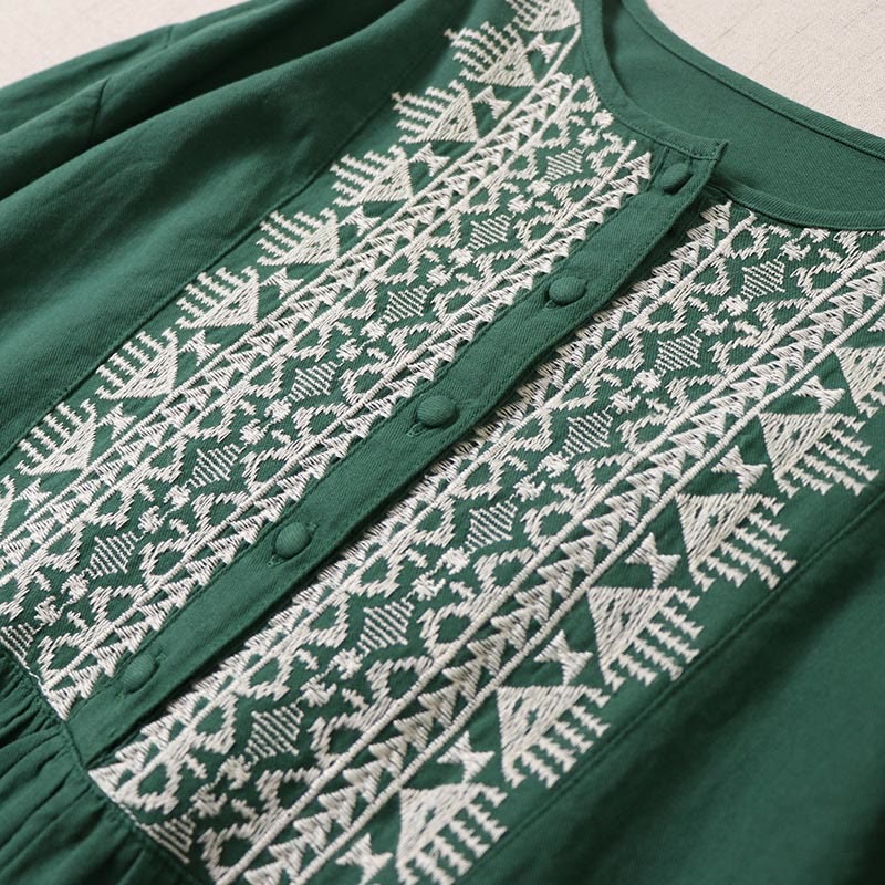 Buddha Stones Casual Artystyczny Geometryczny Haft Guziki Przód Długa Latarnia Rękaw Bawełna Len Midi Sukienka - image 2