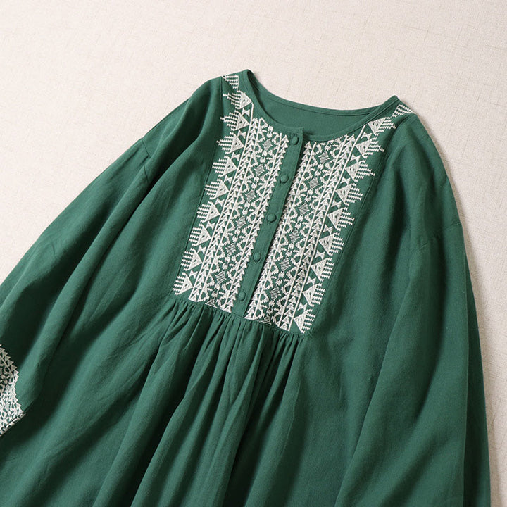 Buddha Stones Casual Artystyczny Geometryczny Haft Guziki Przód Długa Latarnia Rękaw Bawełna Len Midi Sukienka - image 1