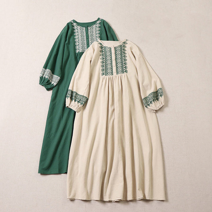 Buddha Stones Casual Artystyczny Geometryczny Haft Guziki Przód Długa Latarnia Rękaw Bawełna Len Midi Sukienka - image 19