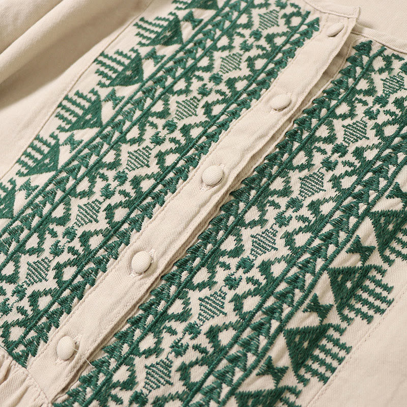 Buddha Stones Casual Artystyczny Geometryczny Haft Guziki Przód Długa Latarnia Rękaw Bawełna Len Midi Sukienka - image 15