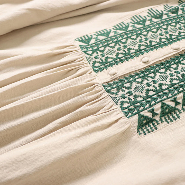 Buddha Stones Casual Artystyczny Geometryczny Haft Guziki Przód Długa Latarnia Rękaw Bawełna Len Midi Sukienka - image 16