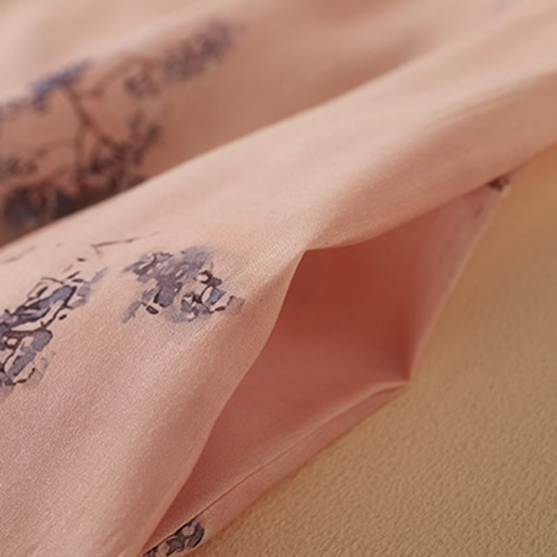 Buddha Stones Letni Vintage Druk Kwiatowy Ukośny Guzik Stójka Kołnierz Projekt Pół Rękaw Bawełna Cheongsam Sukienka Midi Z Kieszeniami - image 5