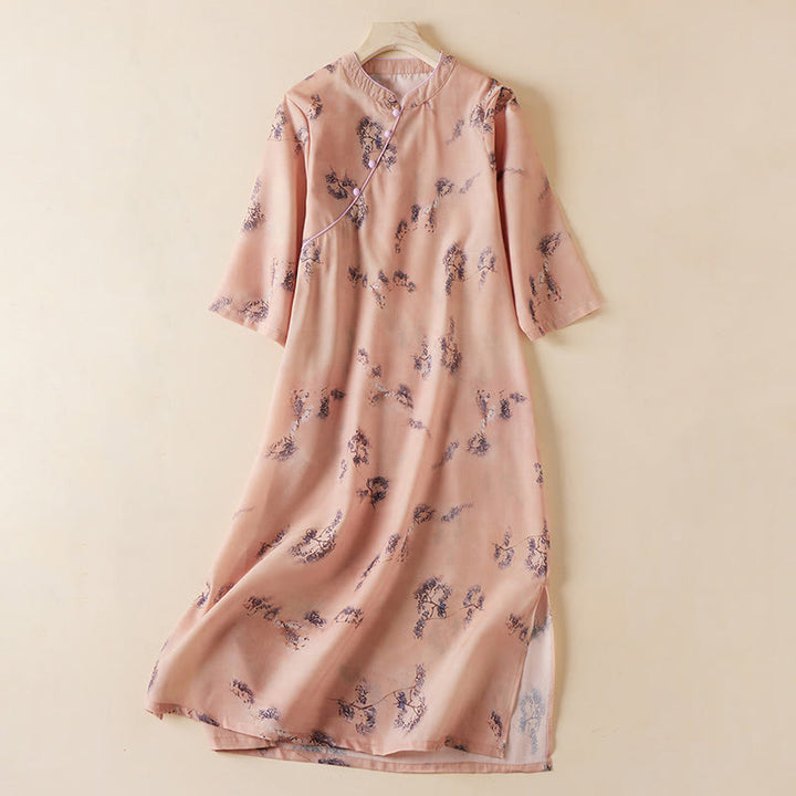 Buddha Stones Letni Vintage Druk Kwiatowy Ukośny Guzik Stójka Kołnierz Projekt Pół Rękaw Bawełna Cheongsam Sukienka Midi Z Kieszeniami - DarkSalmon - US12, UK/AU16, EU44 (3XL) - image 0