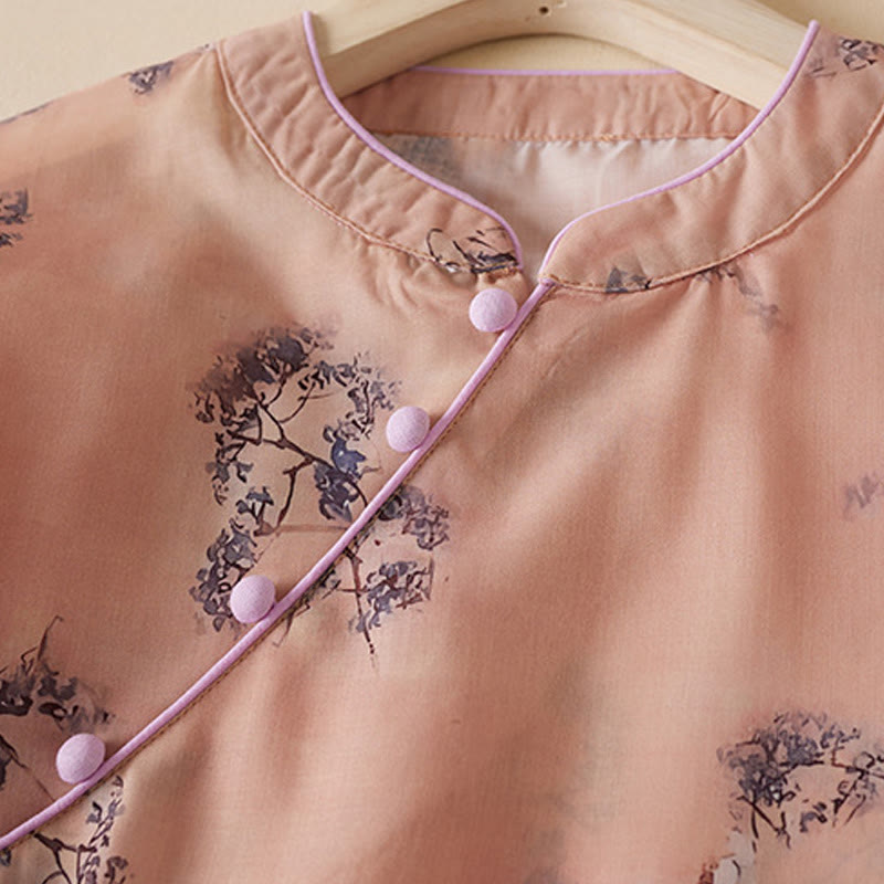 Buddha Stones Letni Vintage Druk Kwiatowy Ukośny Guzik Stójka Kołnierz Projekt Pół Rękaw Bawełna Cheongsam Sukienka Midi Z Kieszeniami - image 2