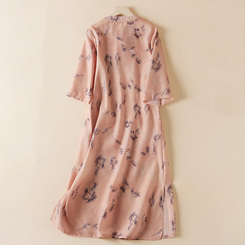 Buddha Stones Letni Vintage Druk Kwiatowy Ukośny Guzik Stójka Kołnierz Projekt Pół Rękaw Bawełna Cheongsam Sukienka Midi Z Kieszeniami - image 1