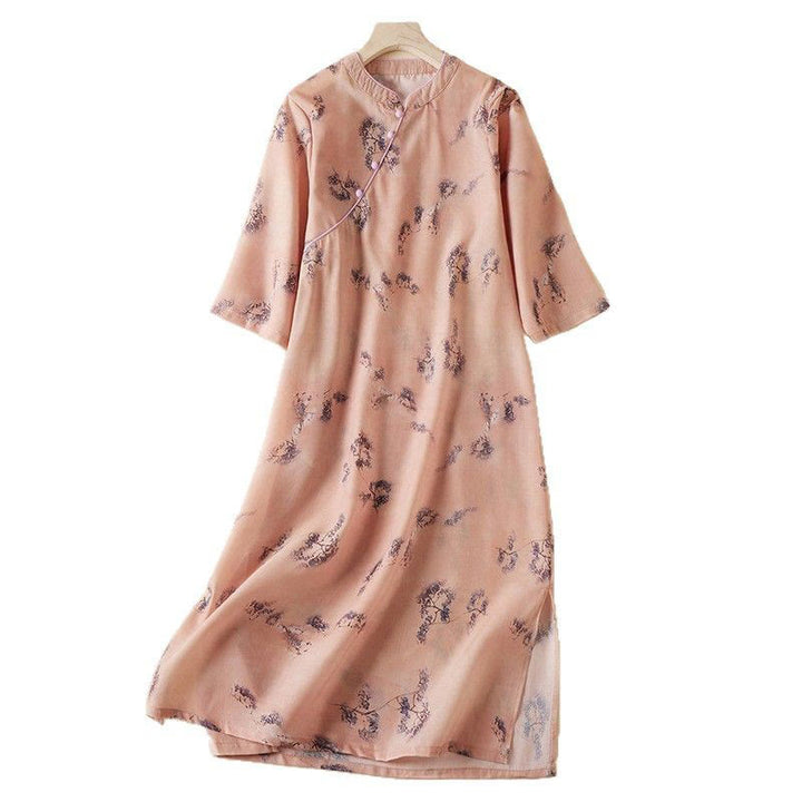 Buddha Stones Letni Vintage Druk Kwiatowy Ukośny Guzik Stójka Kołnierz Projekt Pół Rękaw Bawełna Cheongsam Sukienka Midi Z Kieszeniami - image 7