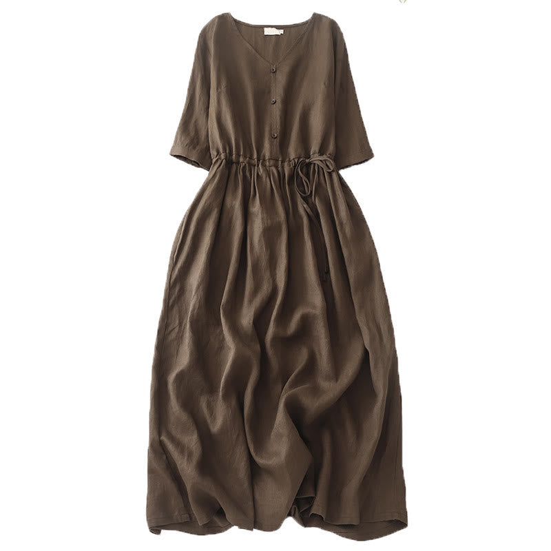 Sukienka midi z bawełny lnianej z kieszeniami i plisami w jednolitym kolorze z kolekcji Buddha Stones w stylu vintage, z krótkim rękawem i ściągaczem - SaddleBrown - US8-10，UK/AU12-14，EU40-42 (2XL) - image 0