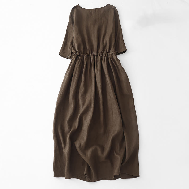 Sukienka midi z bawełny lnianej z kieszeniami i plisami w jednolitym kolorze z kolekcji Buddha Stones w stylu vintage, z krótkim rękawem i ściągaczem - image 1