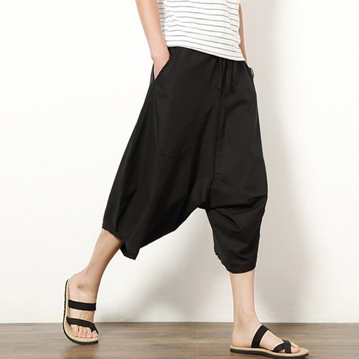 Buddha Stones Wiosna Prosty Prosty Patchworkowy Wzór Ściągacz Bawełna Len Męskie Spodnie Szerokie Nogawki 7-8 Długość Z Kieszeniami - image 19