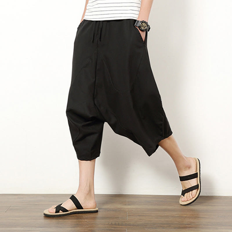 Buddha Stones Wiosna Prosty Prosty Patchworkowy Wzór Ściągacz Bawełna Len Męskie Spodnie Szerokie Nogawki 7-8 Długość Z Kieszeniami - image 18