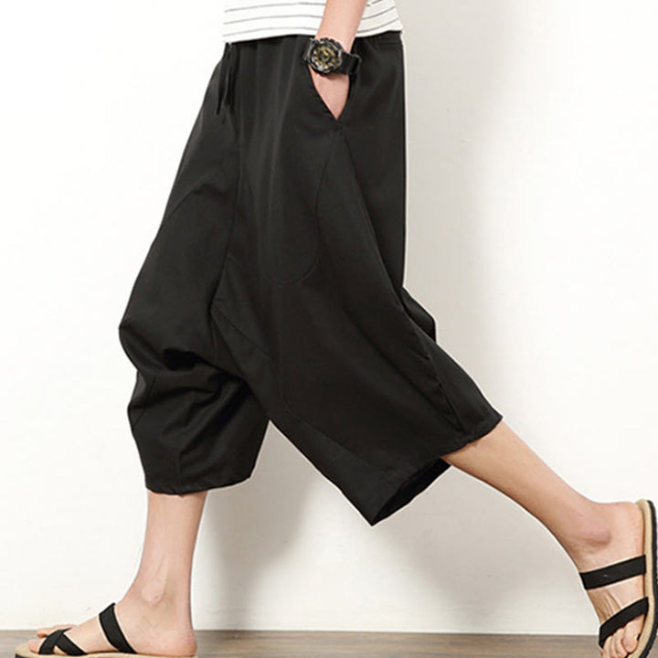 Buddha Stones Wiosna Prosty Prosty Patchworkowy Wzór Ściągacz Bawełna Len Męskie Spodnie Szerokie Nogawki 7-8 Długość Z Kieszeniami - image 20