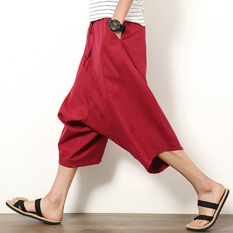 Buddha Stones Wiosna Prosty Prosty Patchworkowy Wzór Ściągacz Bawełna Len Męskie Spodnie Szerokie Nogawki 7-8 Długość Z Kieszeniami - image 14