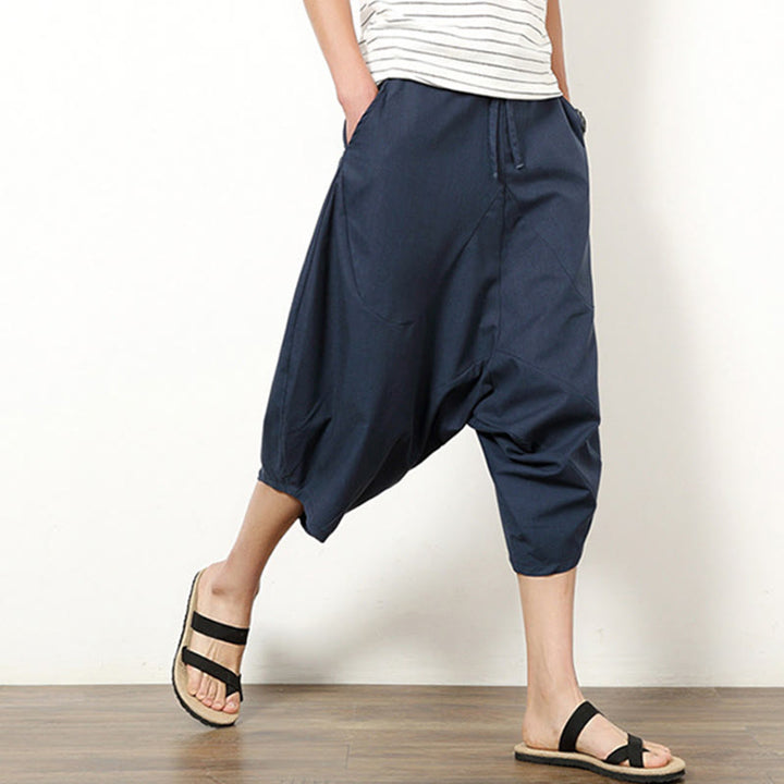 Buddha Stones Wiosna Prosty Prosty Patchworkowy Wzór Ściągacz Bawełna Len Męskie Spodnie Szerokie Nogawki 7-8 Długość Z Kieszeniami - image 3