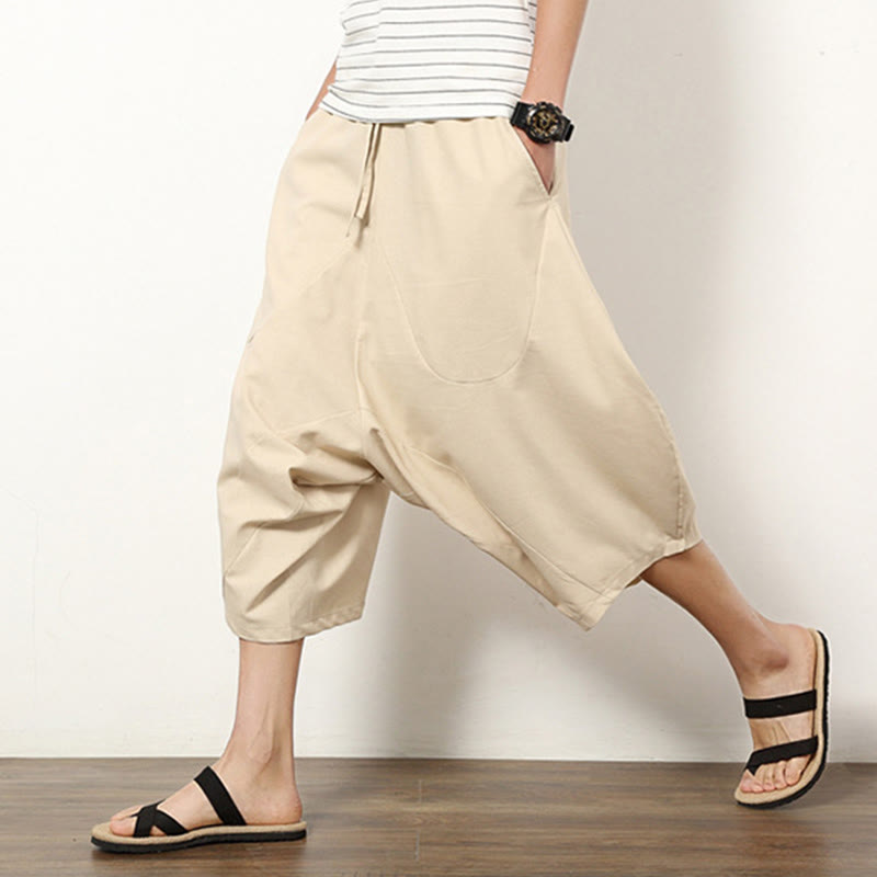 Buddha Stones Wiosna Prosty Prosty Patchworkowy Wzór Ściągacz Bawełna Len Męskie Spodnie Szerokie Nogawki 7-8 Długość Z Kieszeniami - image 9