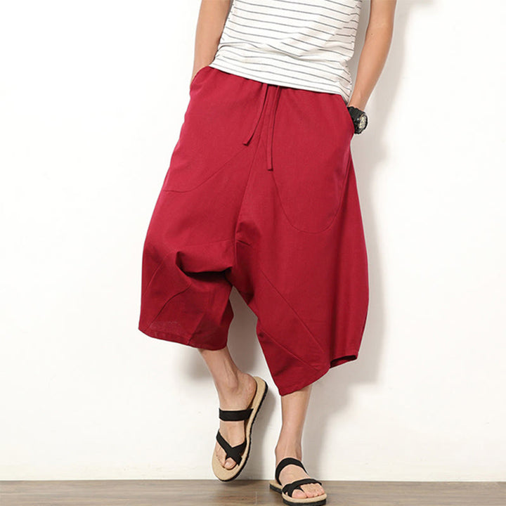 Buddha Stones Wiosna Prosty Prosty Patchworkowy Wzór Ściągacz Bawełna Len Męskie Spodnie Szerokie Nogawki 7-8 Długość Z Kieszeniami - Karmazynowy - US/UK/AU46， EU56 (5XL) - image 11