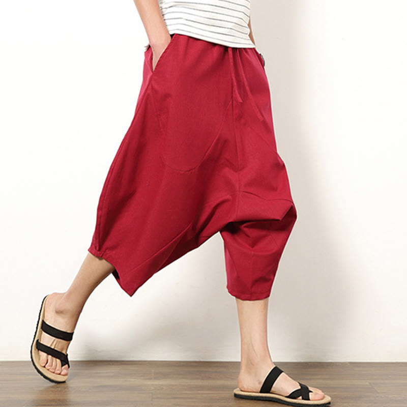 Buddha Stones Wiosna Prosty Prosty Patchworkowy Wzór Ściągacz Bawełna Len Męskie Spodnie Szerokie Nogawki 7-8 Długość Z Kieszeniami - image 15