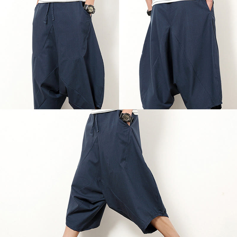 Buddha Stones Wiosna Prosty Prosty Patchworkowy Wzór Ściągacz Bawełna Len Męskie Spodnie Szerokie Nogawki 7-8 Długość Z Kieszeniami - image 5