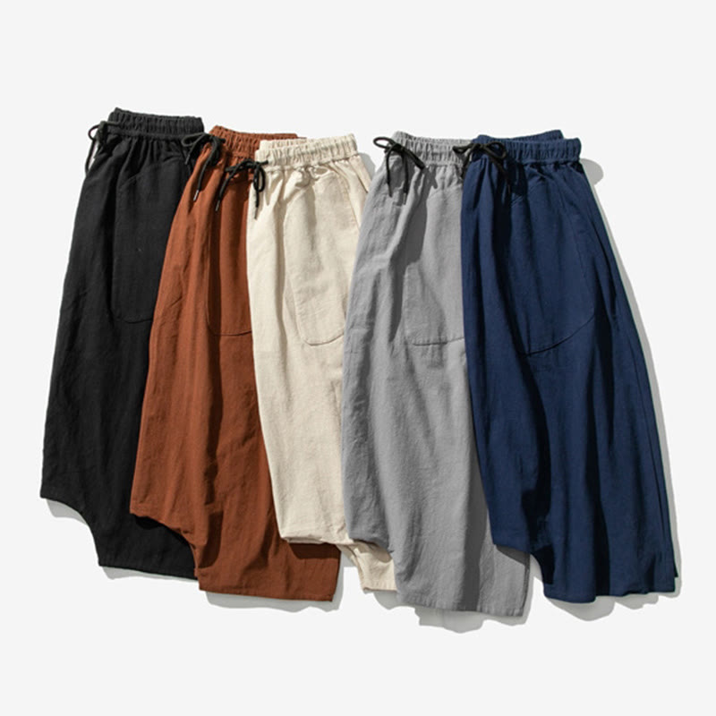 Buddha Stones męskie szerokie nogawki z kieszeniami i niskim krokiem, z bawełny i lnu, o długości 7-8, z szerokimi nogawkami i sznurkiem ściągającym - image 43