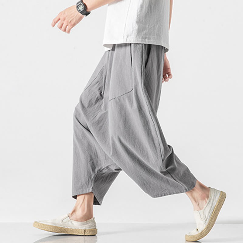 Buddha Stones męskie szerokie nogawki z kieszeniami i niskim krokiem, z bawełny i lnu, o długości 7-8, z szerokimi nogawkami i sznurkiem ściągającym - image 23