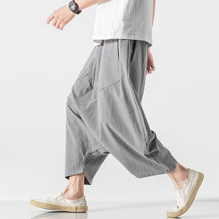 Buddha Stones męskie szerokie nogawki z kieszeniami i niskim krokiem, z bawełny i lnu, o długości 7-8, z szerokimi nogawkami i sznurkiem ściągającym - image 23
