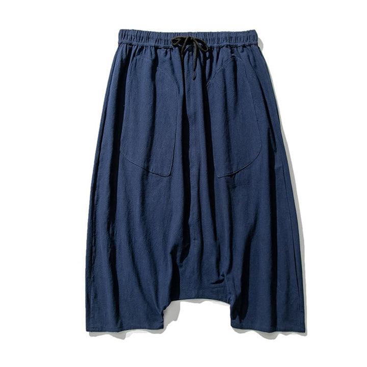 Buddha Stones męskie szerokie nogawki z kieszeniami i niskim krokiem, z bawełny i lnu, o długości 7-8, z szerokimi nogawkami i sznurkiem ściągającym - image 9