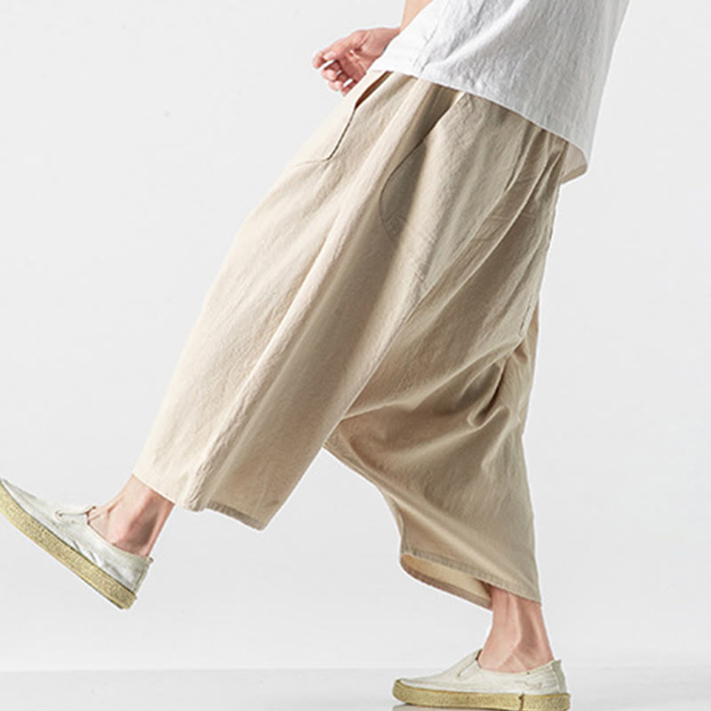 Buddha Stones męskie szerokie nogawki z kieszeniami i niskim krokiem, z bawełny i lnu, o długości 7-8, z szerokimi nogawkami i sznurkiem ściągającym - image 41