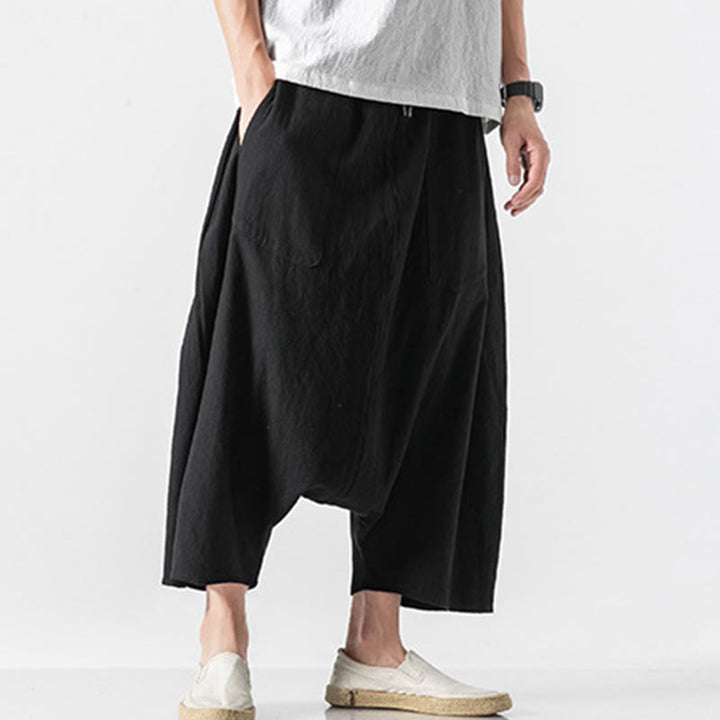 Buddha Stones męskie szerokie nogawki z kieszeniami i niskim krokiem, z bawełny i lnu, o długości 7-8, z szerokimi nogawkami i sznurkiem ściągającym - image 34