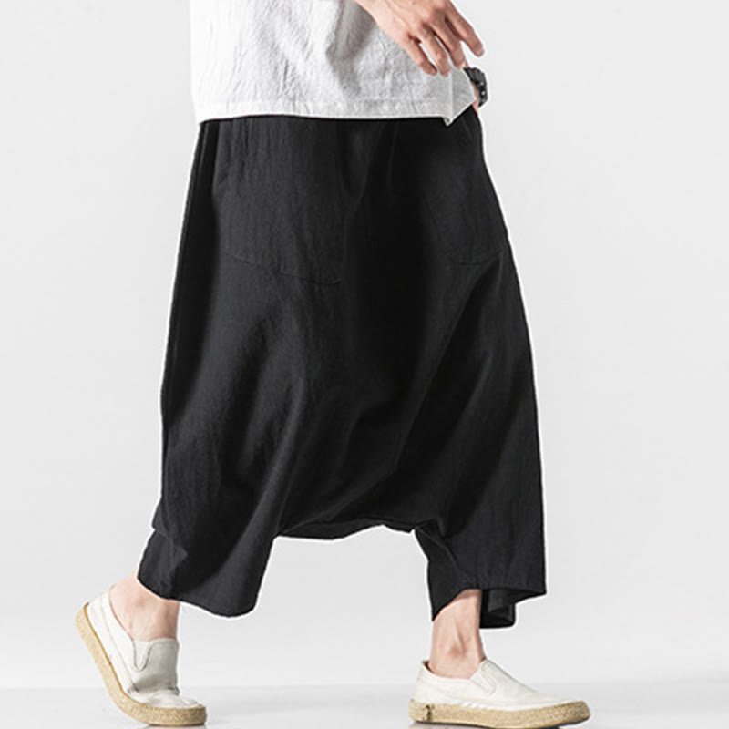 Buddha Stones męskie szerokie nogawki z kieszeniami i niskim krokiem, z bawełny i lnu, o długości 7-8, z szerokimi nogawkami i sznurkiem ściągającym - image 32