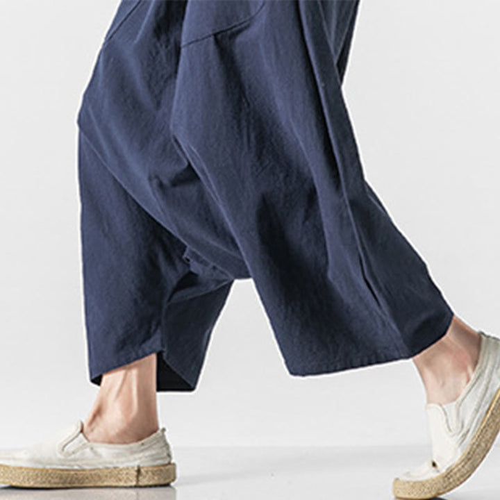 Buddha Stones męskie szerokie nogawki z kieszeniami i niskim krokiem, z bawełny i lnu, o długości 7-8, z szerokimi nogawkami i sznurkiem ściągającym - image 8